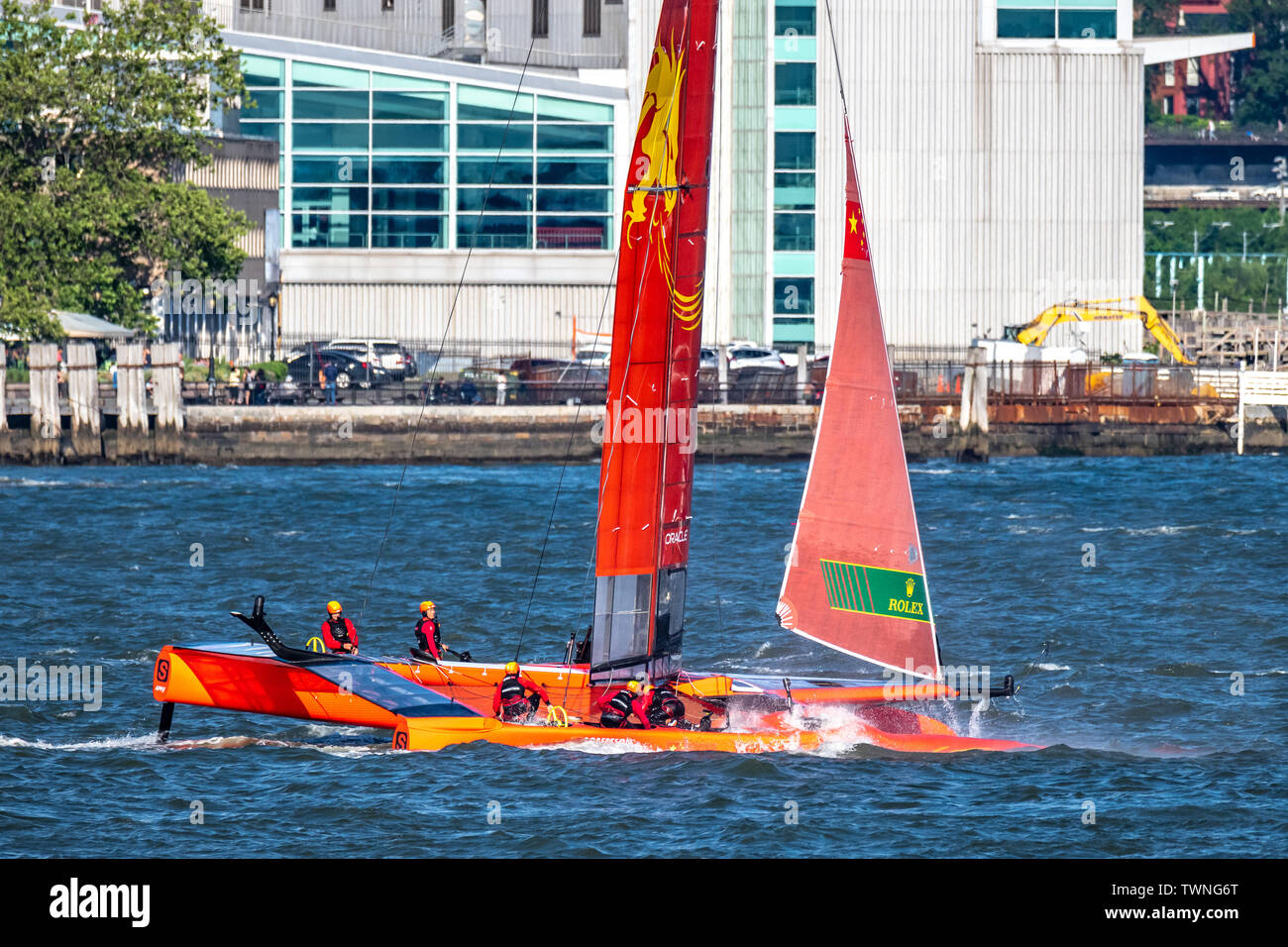 New York, USA, 21 June 2019. Team China SailGP F50 catamaran races in