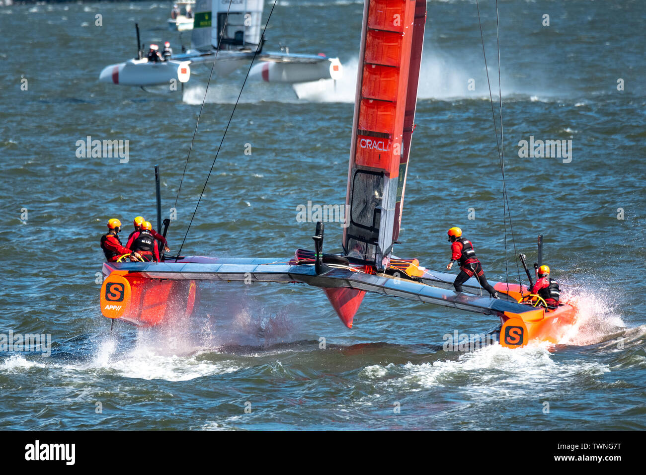 New York, USA, 21 June 2019. China Team SailGP F50 catamaran sails in