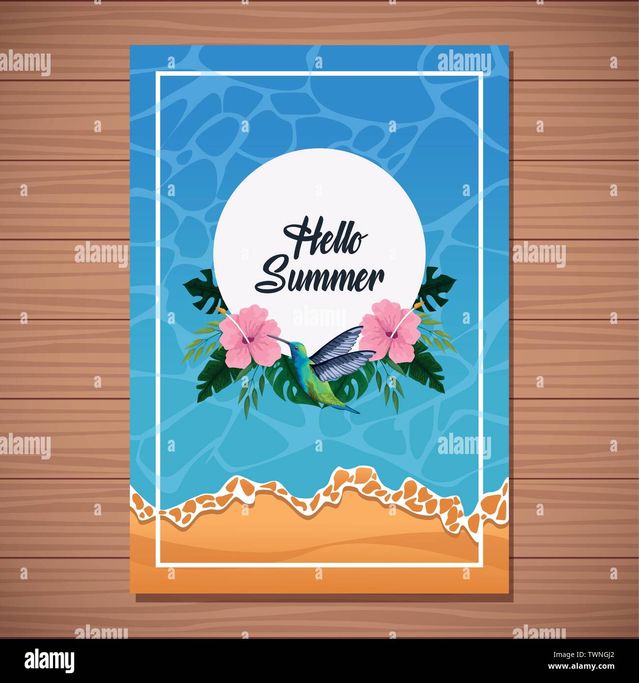 Hello summer card on wooden background Stock Vector