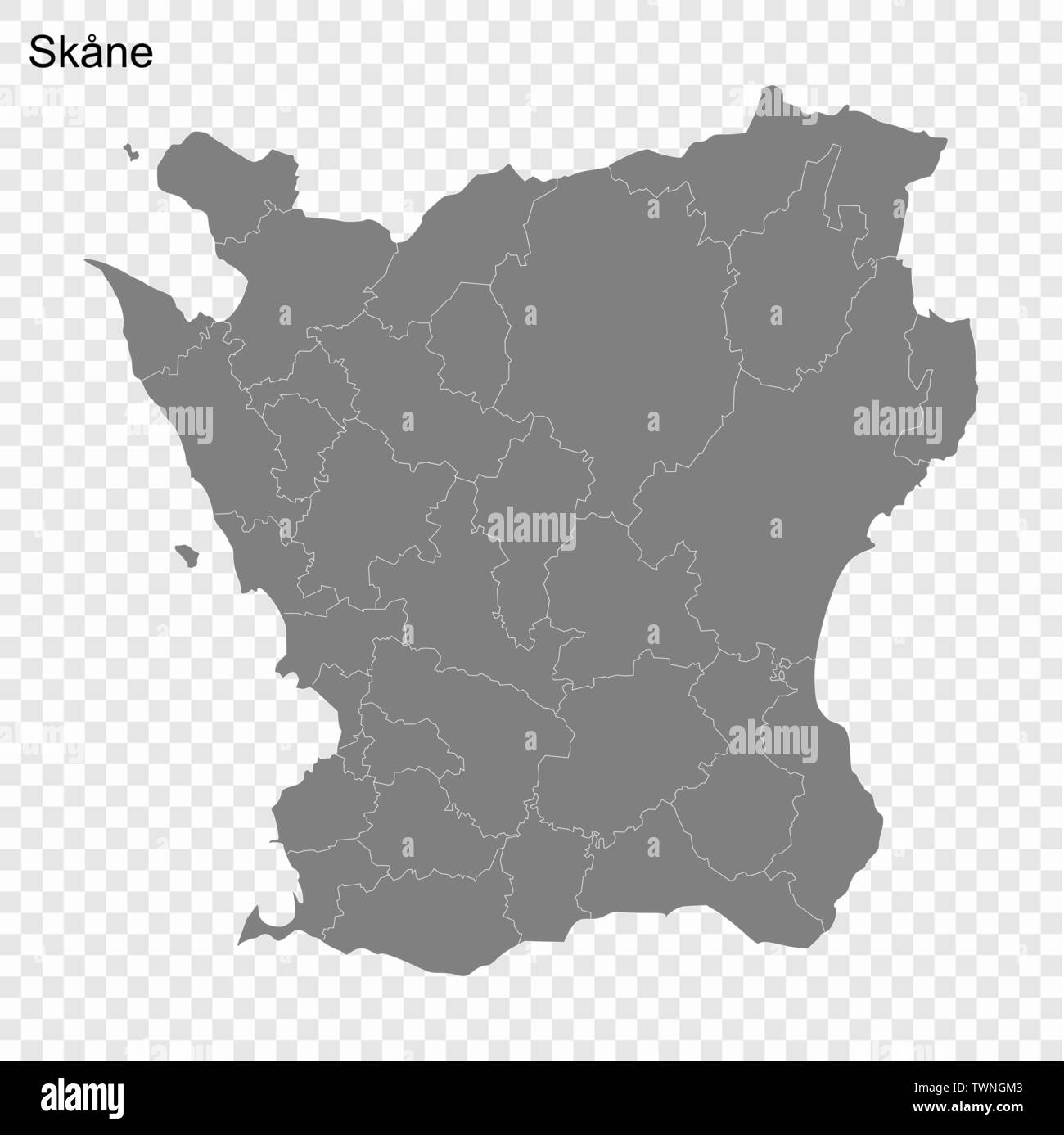 High Quality map of Skane is a county of Sweden, with borders of the Municipalities Stock Vector