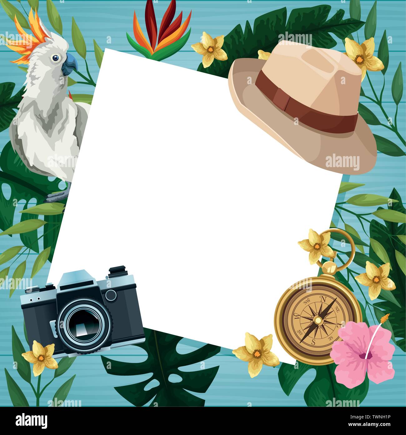 Hello summer card on wooden background Stock Vector