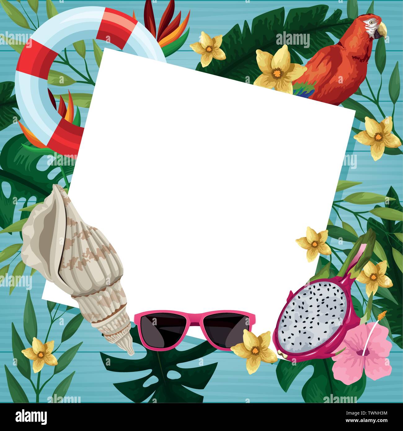 Hello summer card on wooden background Stock Vector