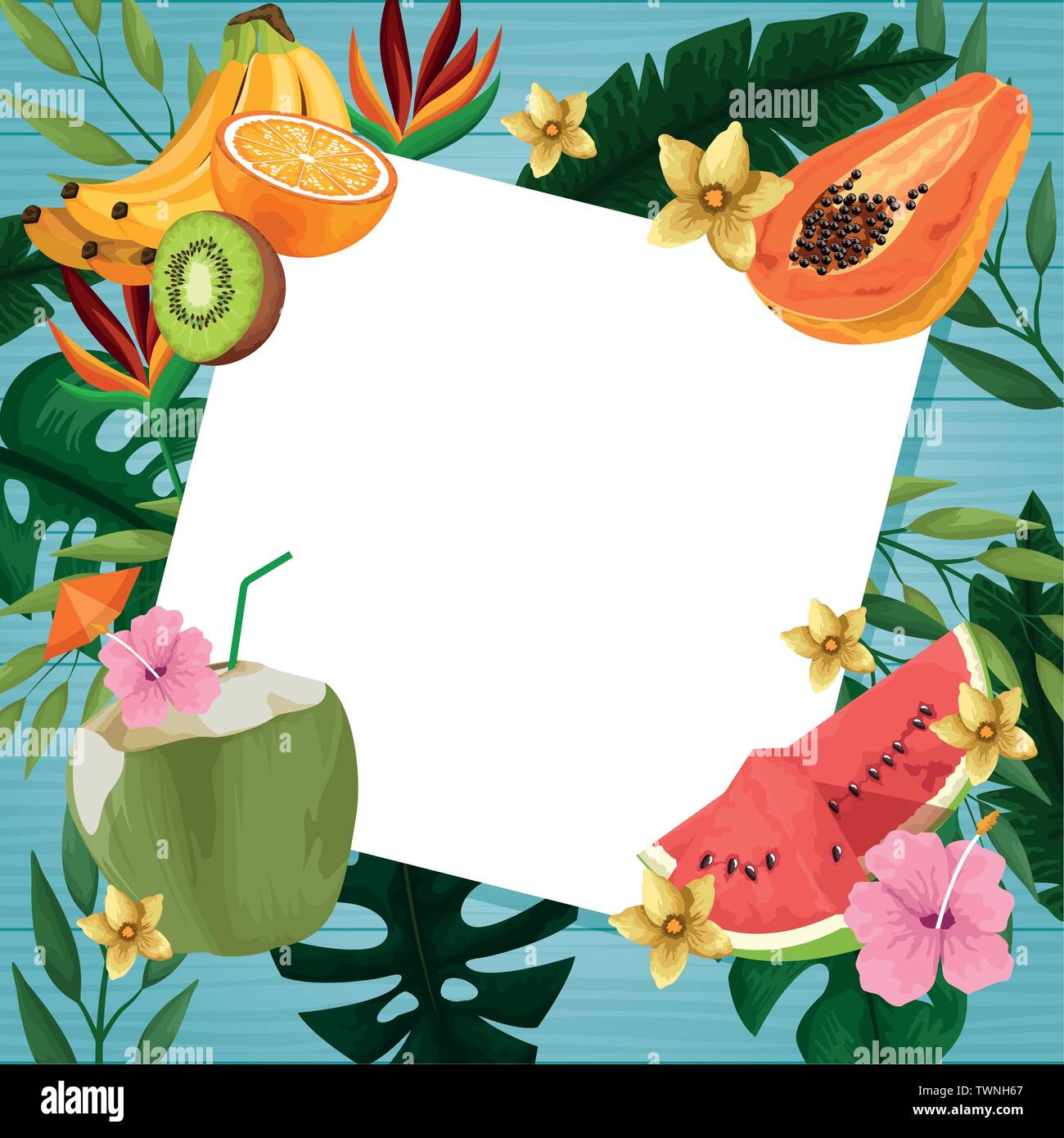 Hello summer card on wooden background Stock Vector