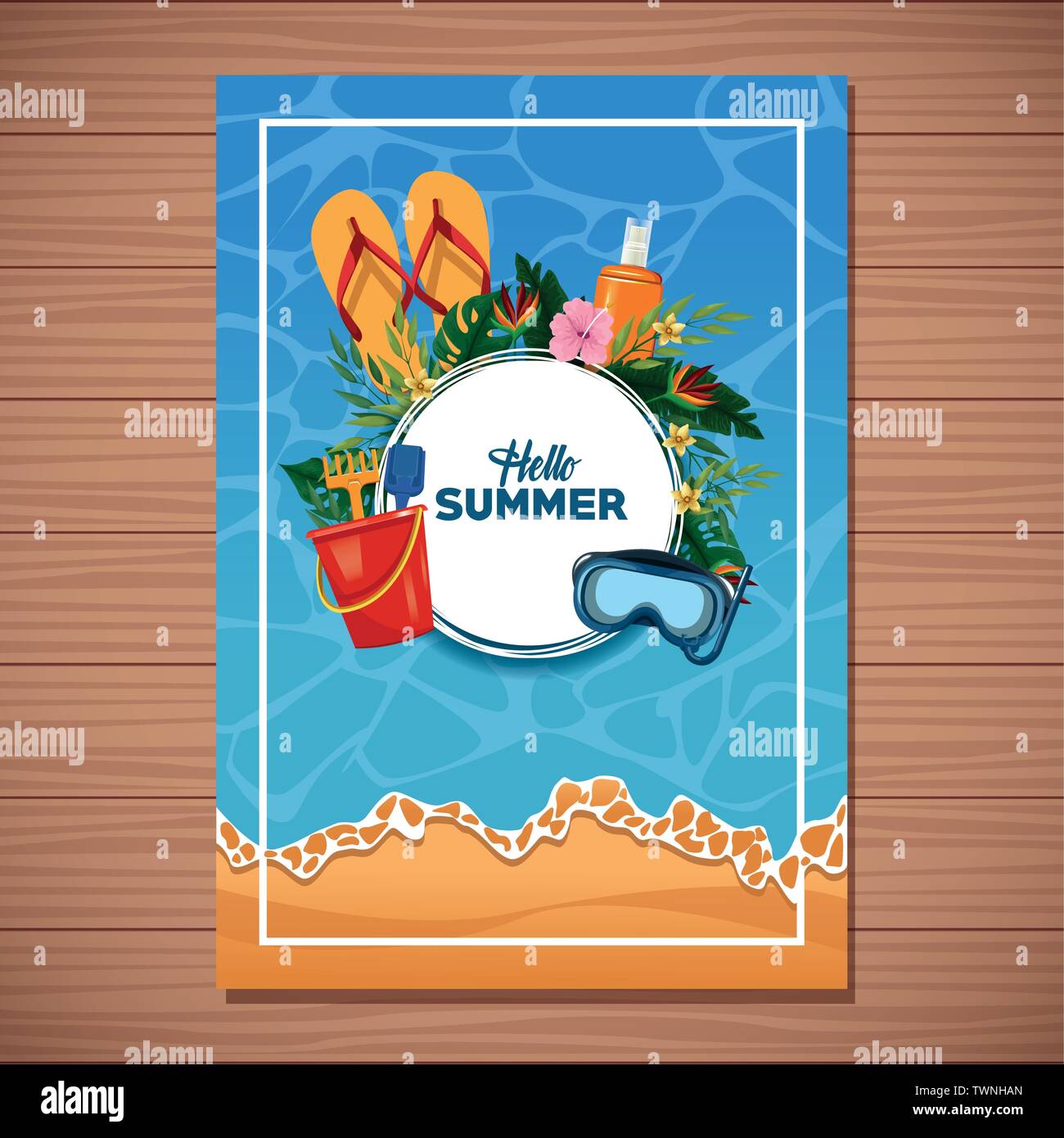 Hello summer card on wooden background Stock Vector