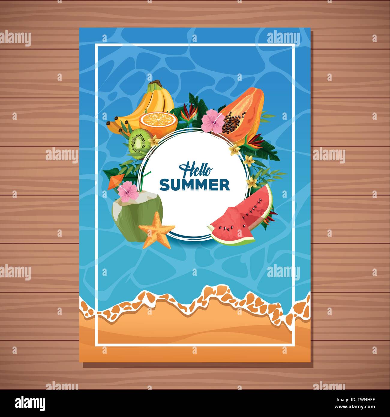 Hello summer card on wooden background Stock Vector
