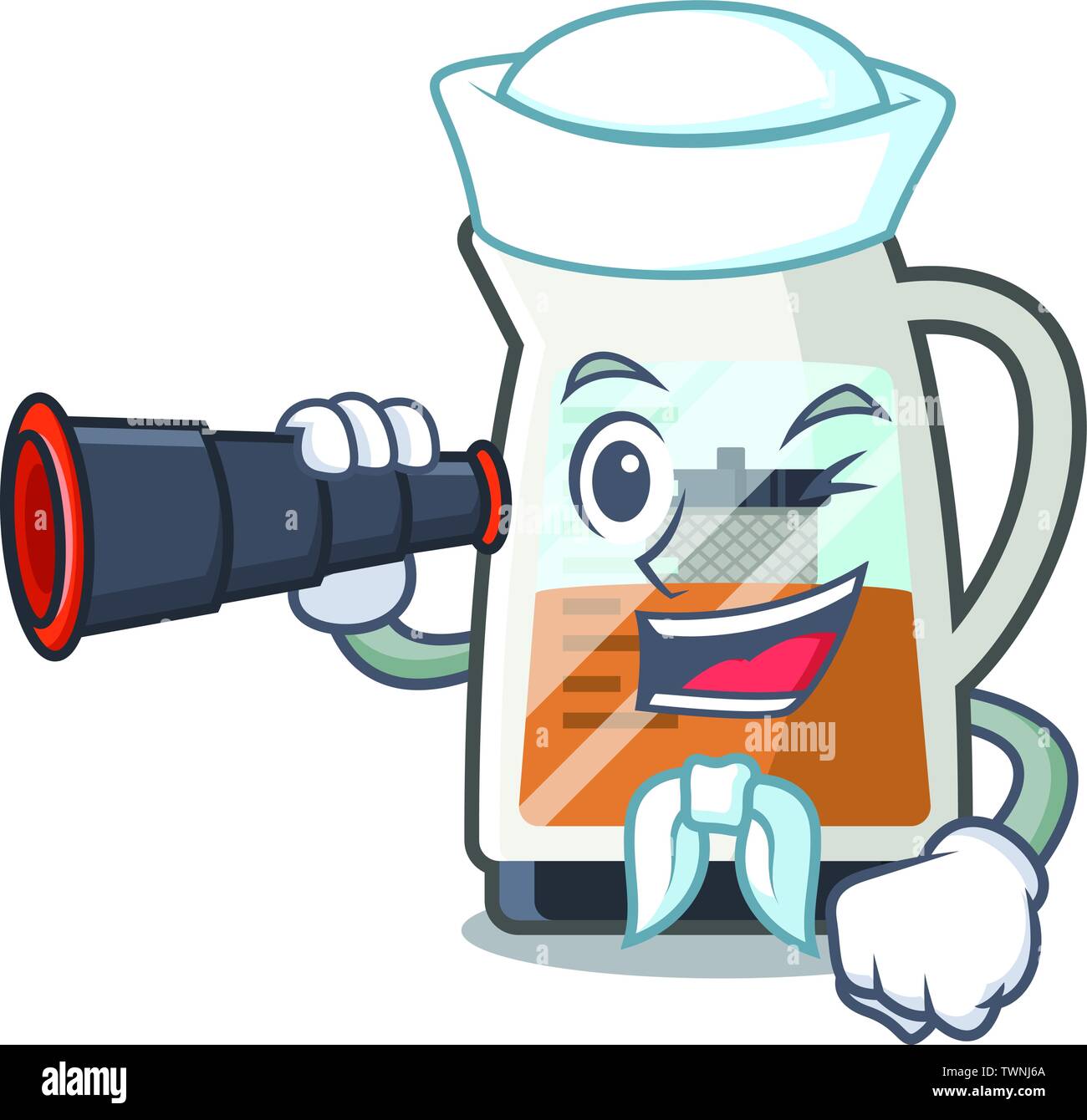 Sailor with binocular tea maker is served in cartoon bottle Stock Vector