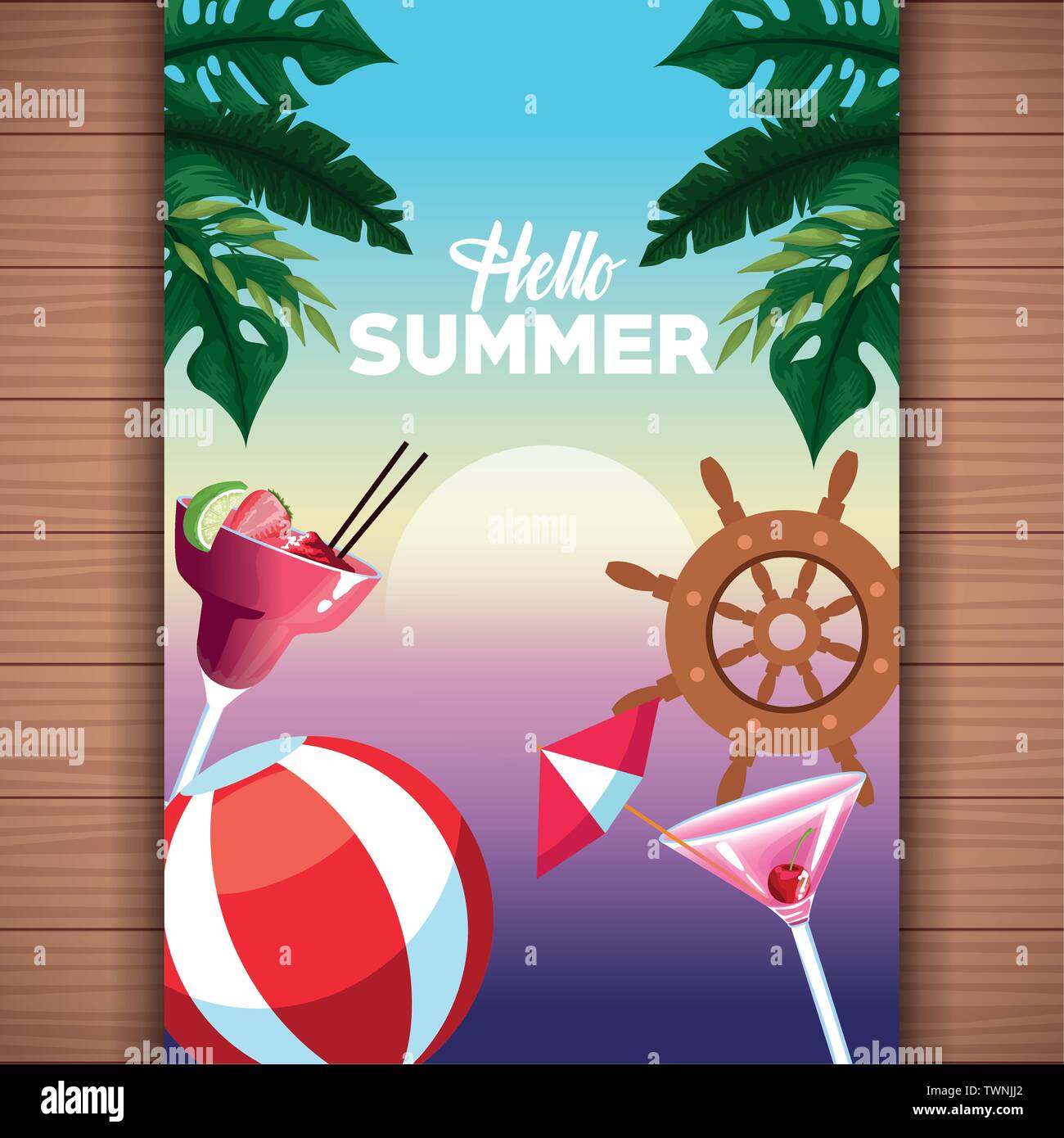 Hello summer card on wooden background Stock Vector