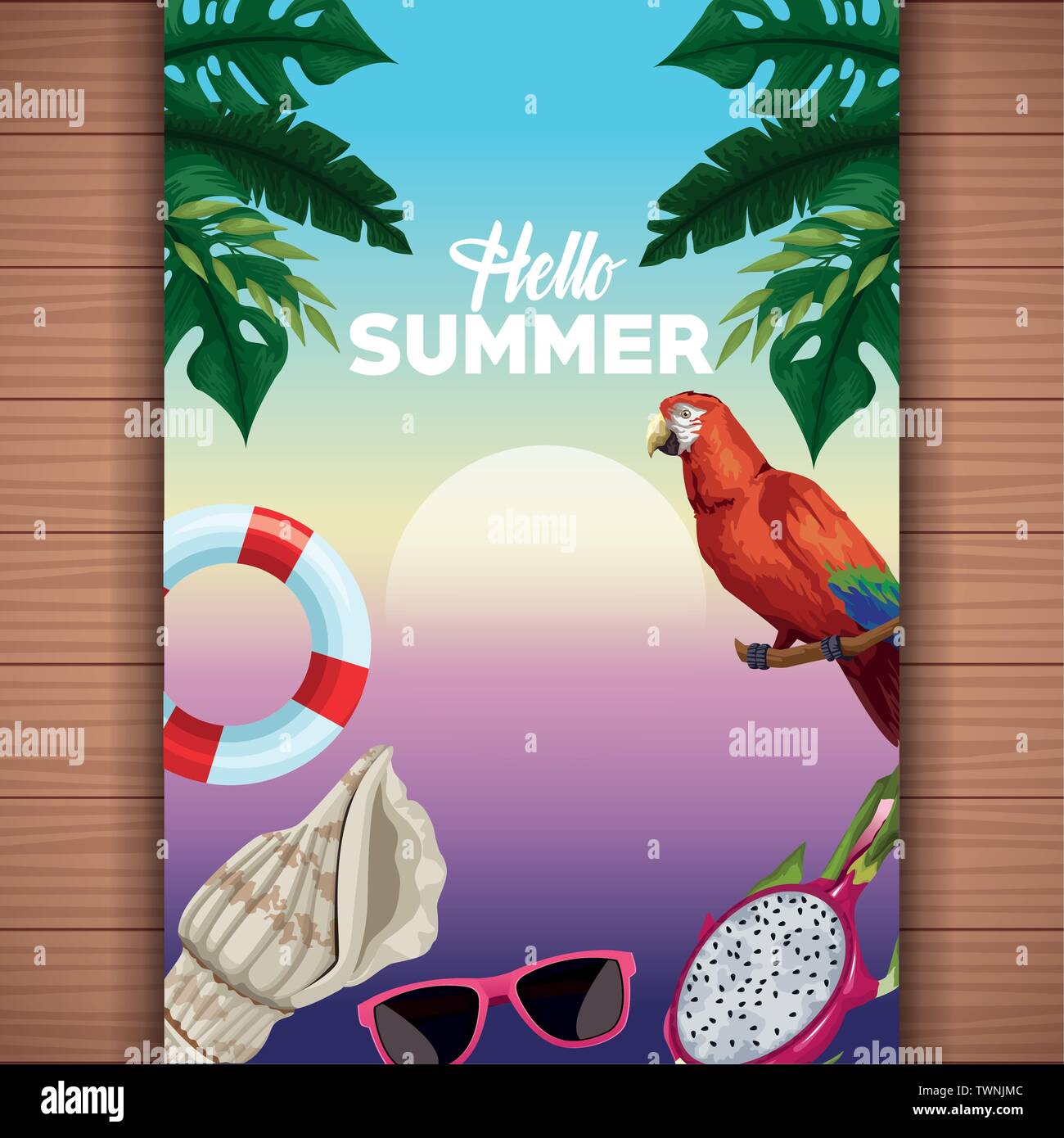 Hello summer card on wooden background Stock Vector