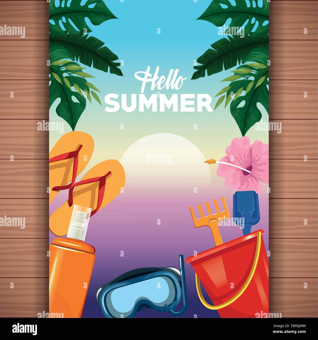 Hello summer card on wooden background Stock Vector