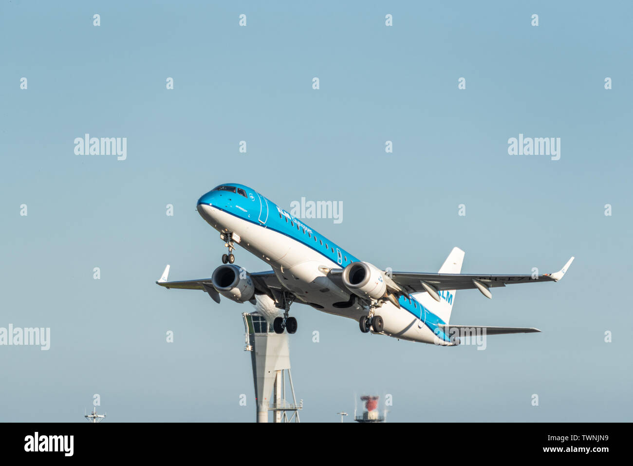 A picture of an KLM aircraft taking off from Schiphol airport Stock Photo