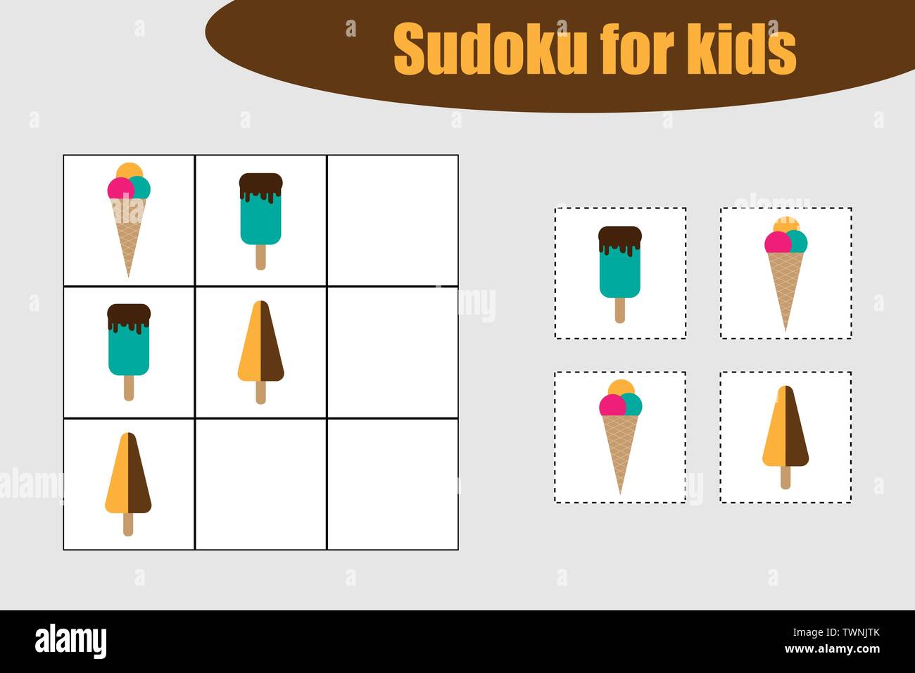 First Sudoku game with ice creams pictures for children, easy level,  education game for kids, preschool worksheet activity, task for the  development o Stock Vector Image & Art - Alamy