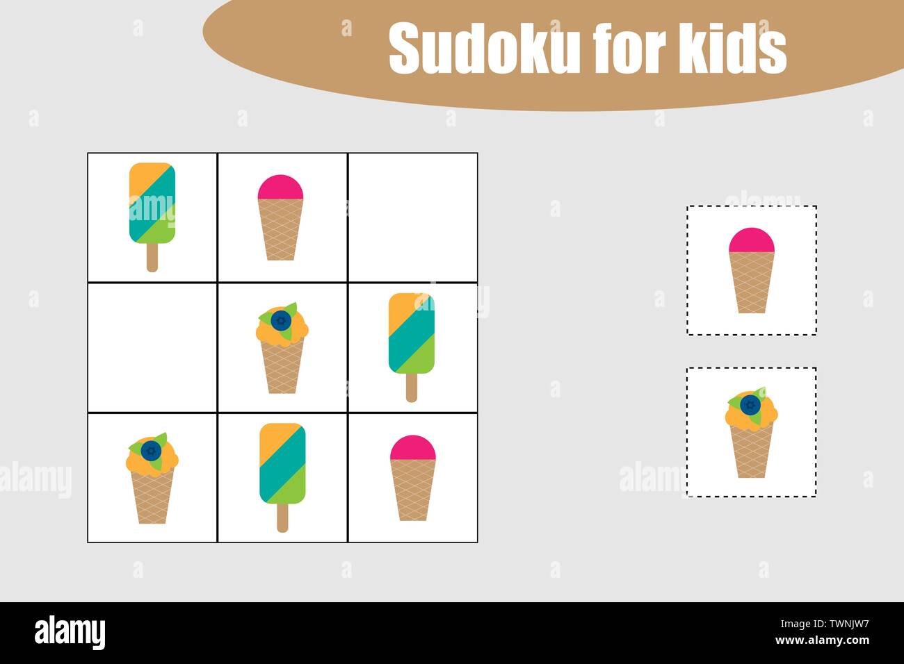 First Sudoku game with ice creams pictures for children, easy level, education game for kids, preschool worksheet activity, task for the development o Stock Vector