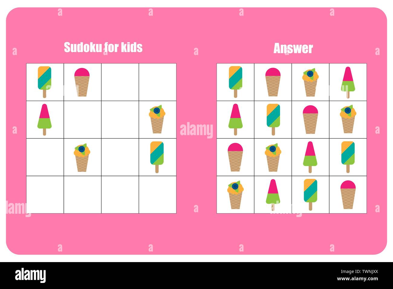 Sudoku game with ice creams for children, easy level, education game for kids, preschool worksheet activity, task for the development of logical think Stock Vector
