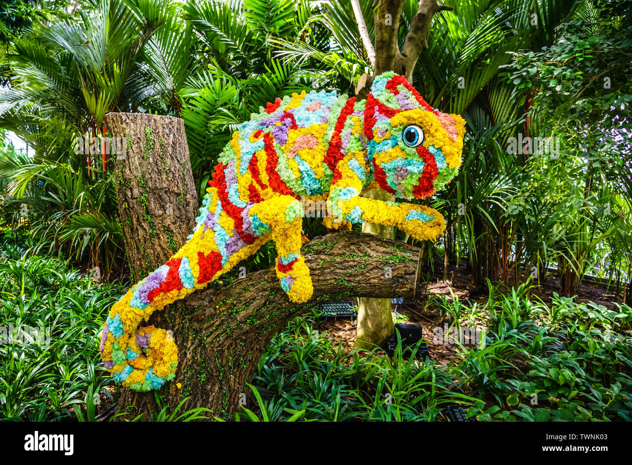 Singapore - Jun 11,  2019: Topiary Walk in Jewel. Jewel Changi Airport is a mixed-use development at Changi Airport in Singapore, opened in April 2019 Stock Photo