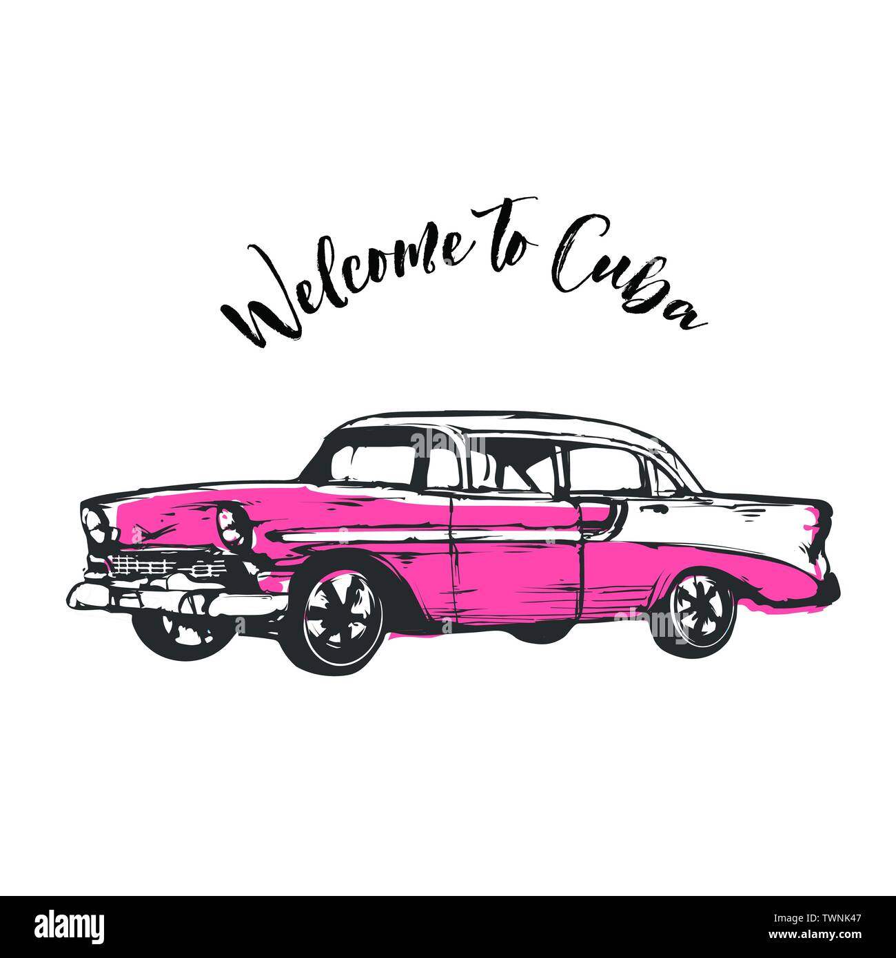 Vintage vector illustration - Ink hand drawing a retro car. Welcome to Cuba Stock Vector