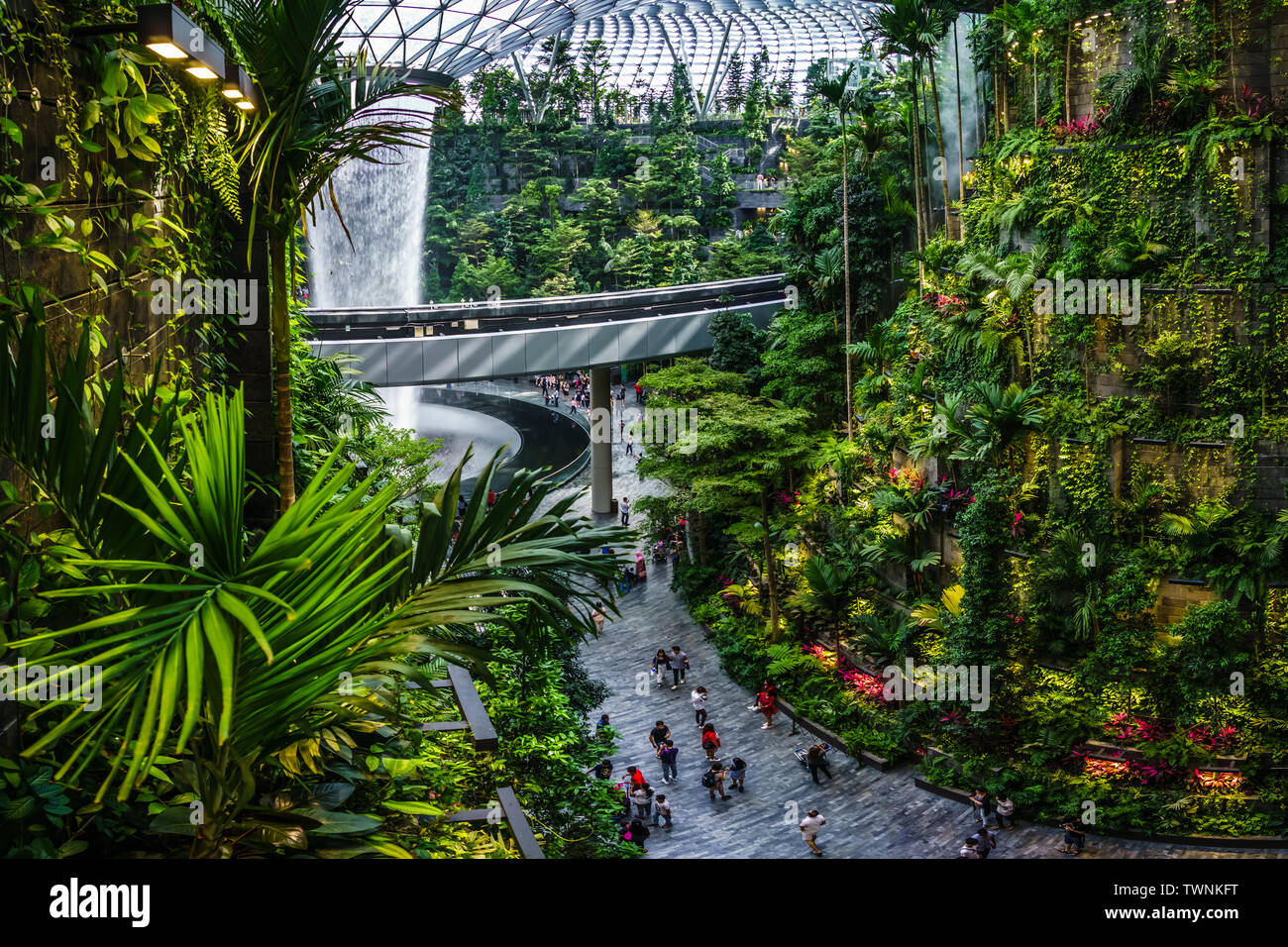 Singapore - Jun 11,  2019: HSBC Rain Vortex. Jewel Changi Airport is a mixed-use development at Changi Airport in Singapore, opened in April 2019. Stock Photo
