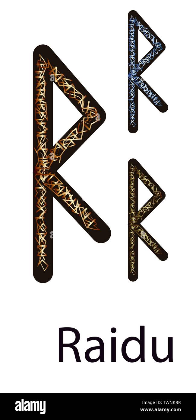 Rune Raido. Vertical projection. Scandinavian. Elegant gold and silver