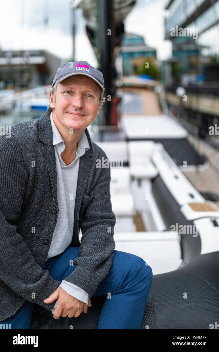 Software entrepreneur and owner of Oyster Yachts, Richard Hadida, pictured on board his own Oyster 885, Lush, in Southampton where it is undergoing a Stock Photo