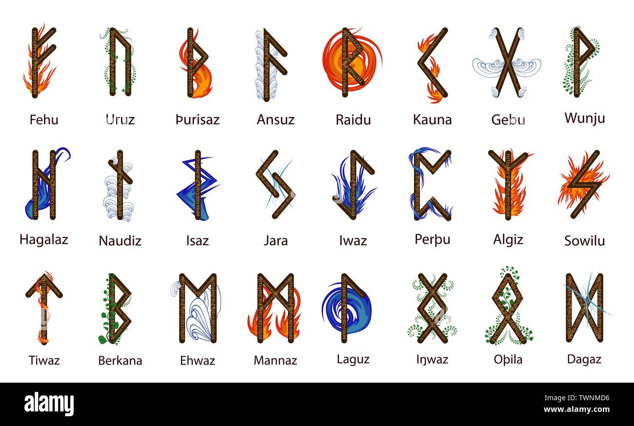 A large set of Scandinavian runes, decorated according to the elements of  Fire, Water, Earth, Air and Time Stock Vector Image & Art - Alamy