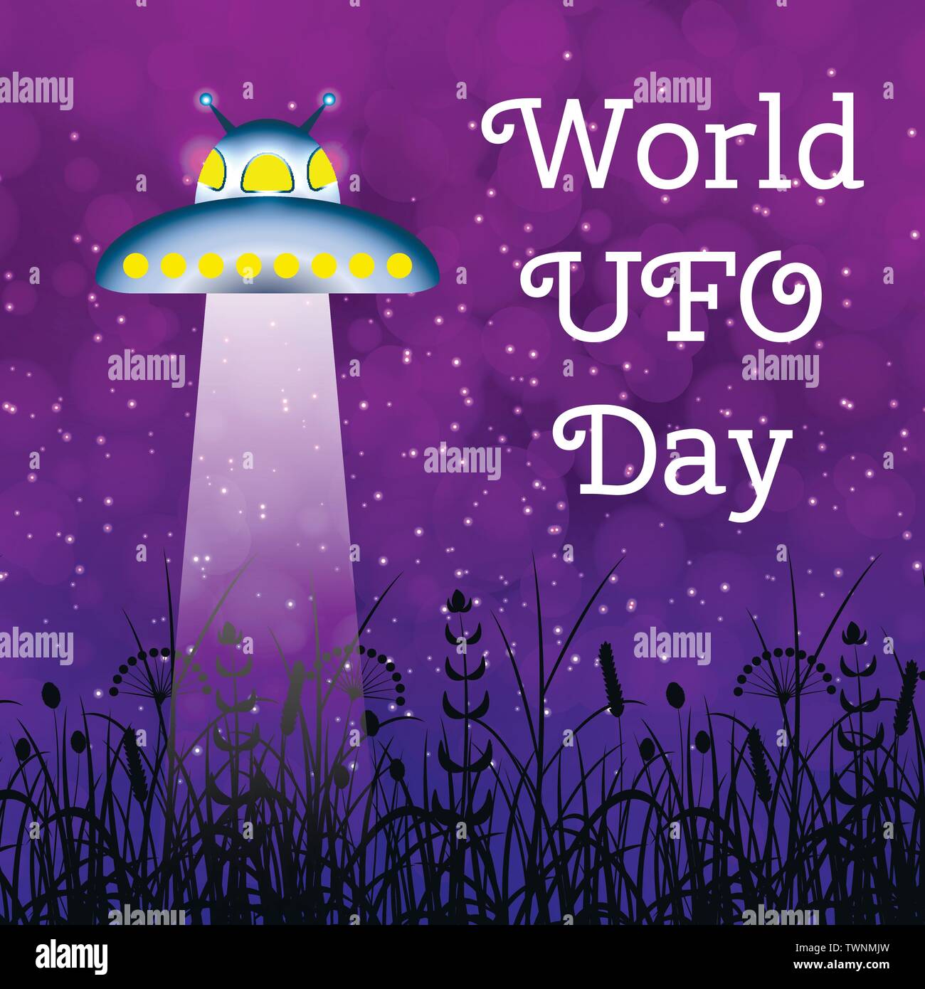 World UFO Day. Flying saucer over the meadow shines a beam. Vector ...