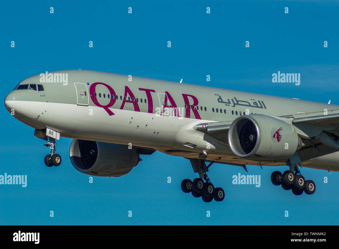 Airbus A330 Qatar plane taking off in Barcelona airport Josep Tarradellas Prat, Catalonia, Spain Stock Photo