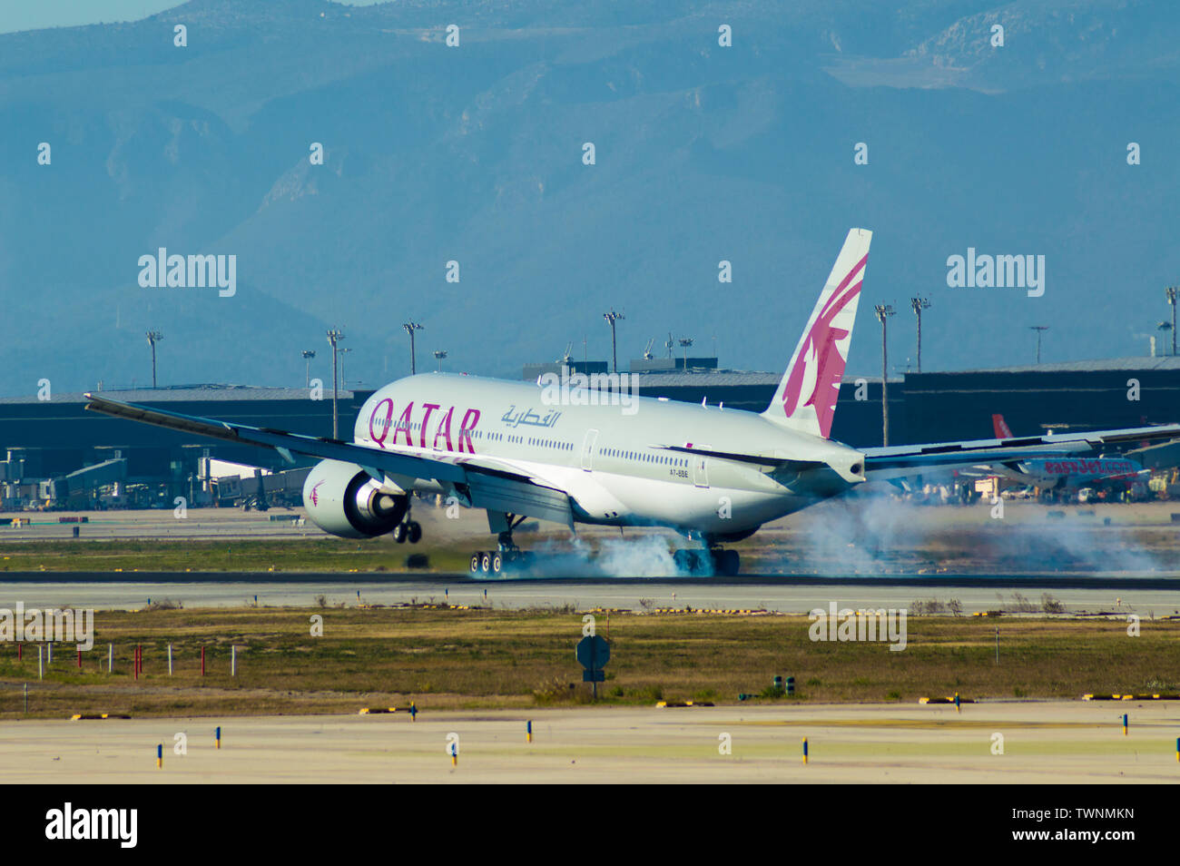 Airbus A330 Qatar plane taking off in Barcelona airport Josep Tarradellas Prat, Catalonia, Spain Stock Photo