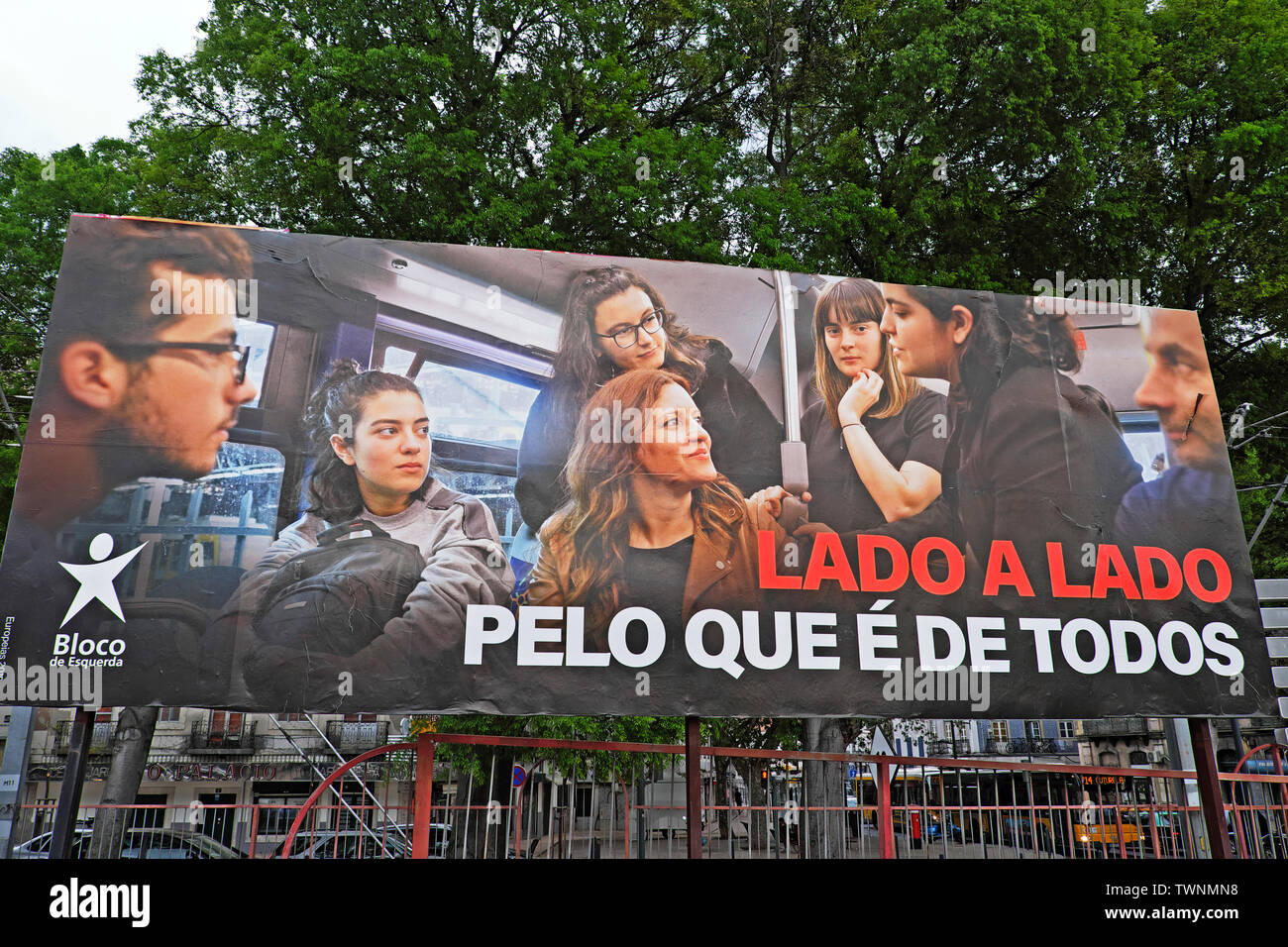 Young people on BLOCO BE Left Wing Portuguese political party billboard in Lisbon Portugal Europe EU 2019 KATHY DEWITT Stock Photo