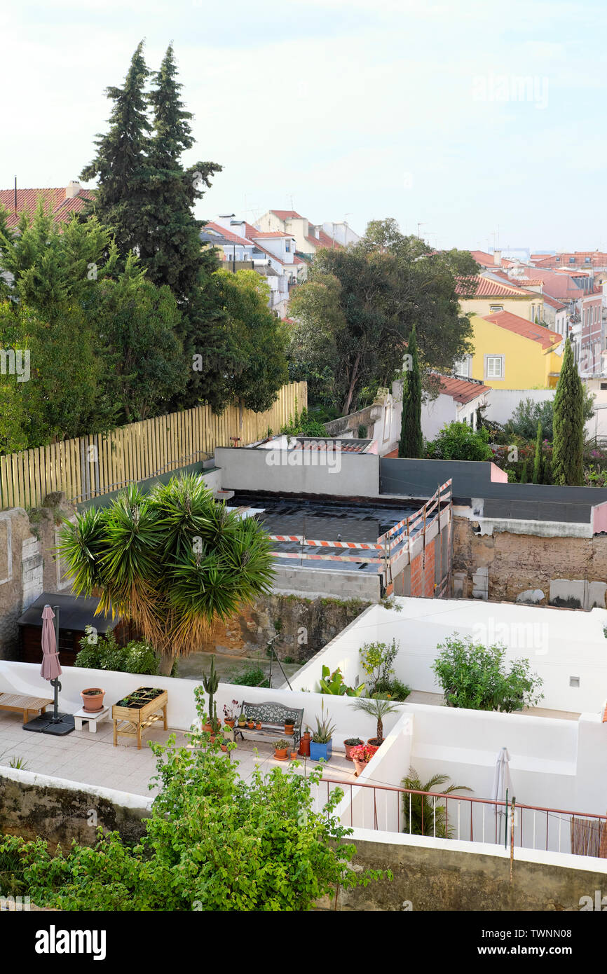 View from window looking out onto over back garden patios of  home property in Bairro Alto Lisbon Portugal Europe EU  KATHY DEWITT Stock Photo