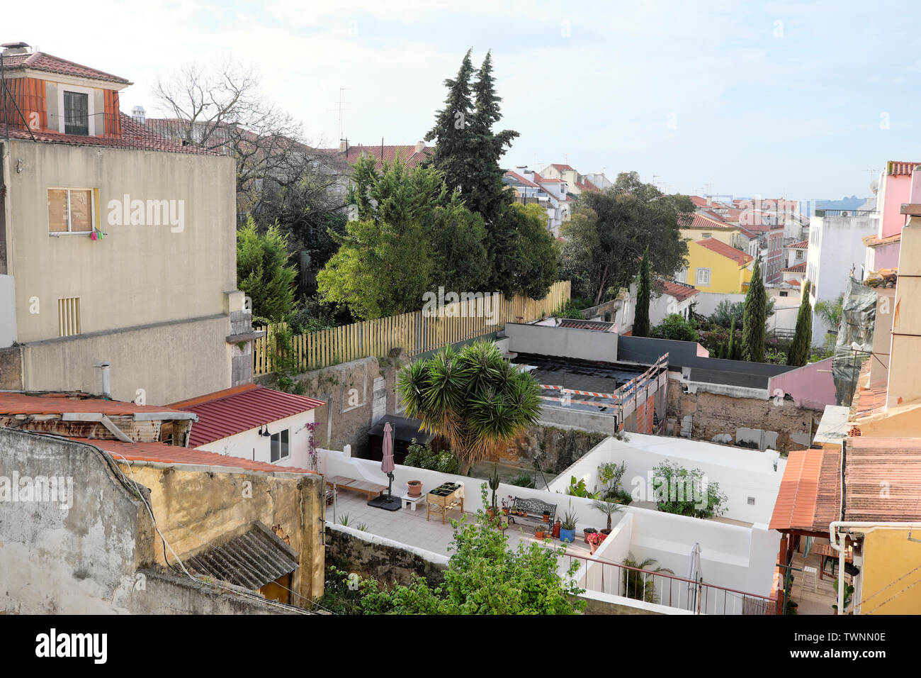 View over back gardens from window of a property home in Bairro Alto Lisbon Portugal Europe EU  KATHY DEWITT Stock Photo