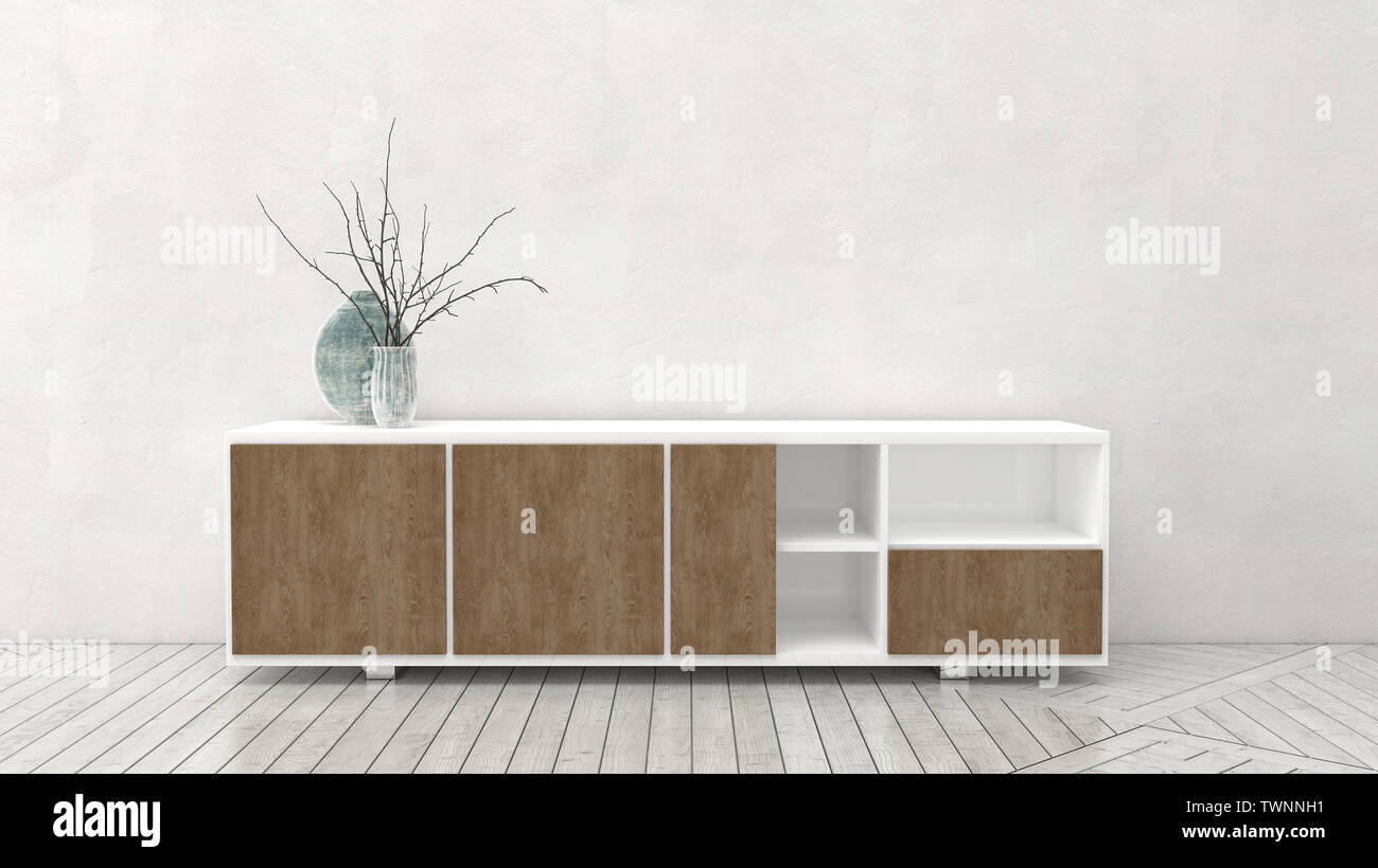 Small White And Wood Veneer Modern Cabinet In A Monochromatic