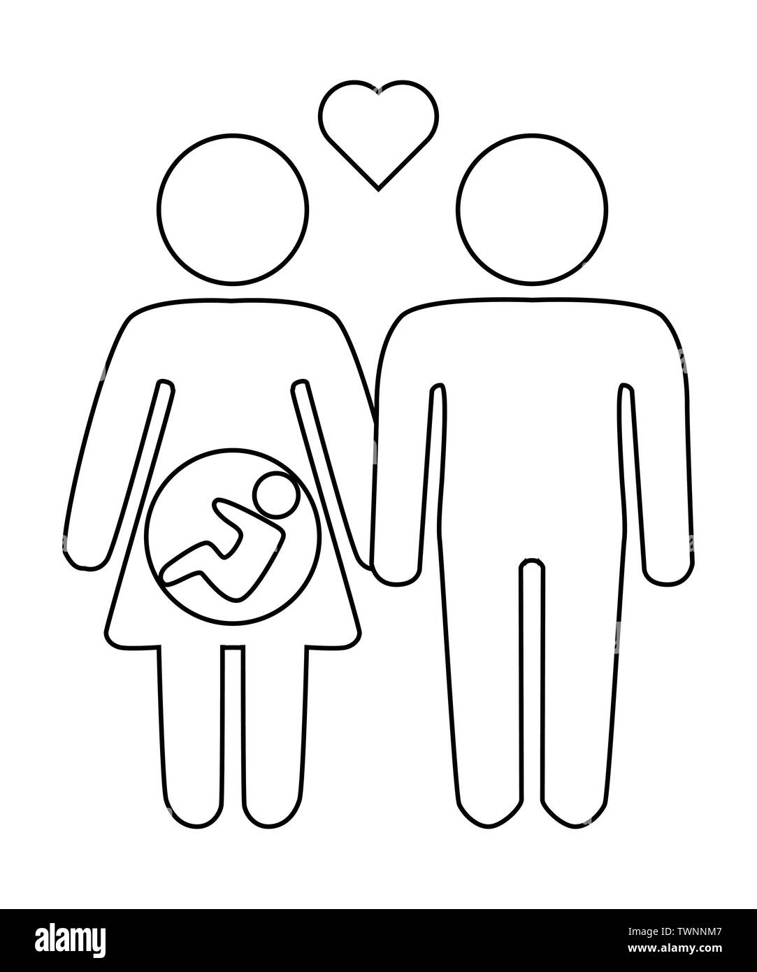 A schematic depiction of a hetero family couple man and woman with children, icon Stock Vector