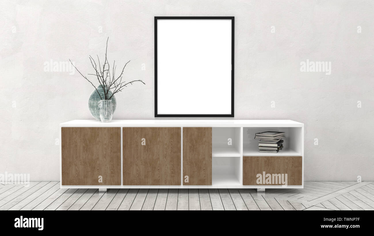 White Cabinet With Wooden Doors And Blank Canvas Or Picture Frame