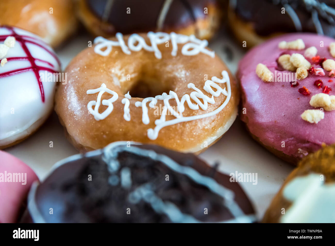 Happy Birthday Multicoloured Donuts Inside White Box Stock Photo Alamy