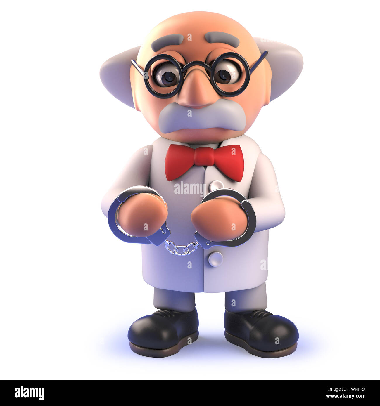Rendered 3d image of a cartoon 3d funny mad scientist character wearing handcuff restraints Stock Photo