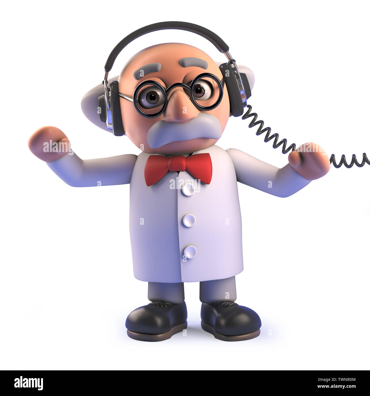 3d rendered image of a mad scientist cartoon character in 3d wearing a pair  of headphones Stock Photo - Alamy