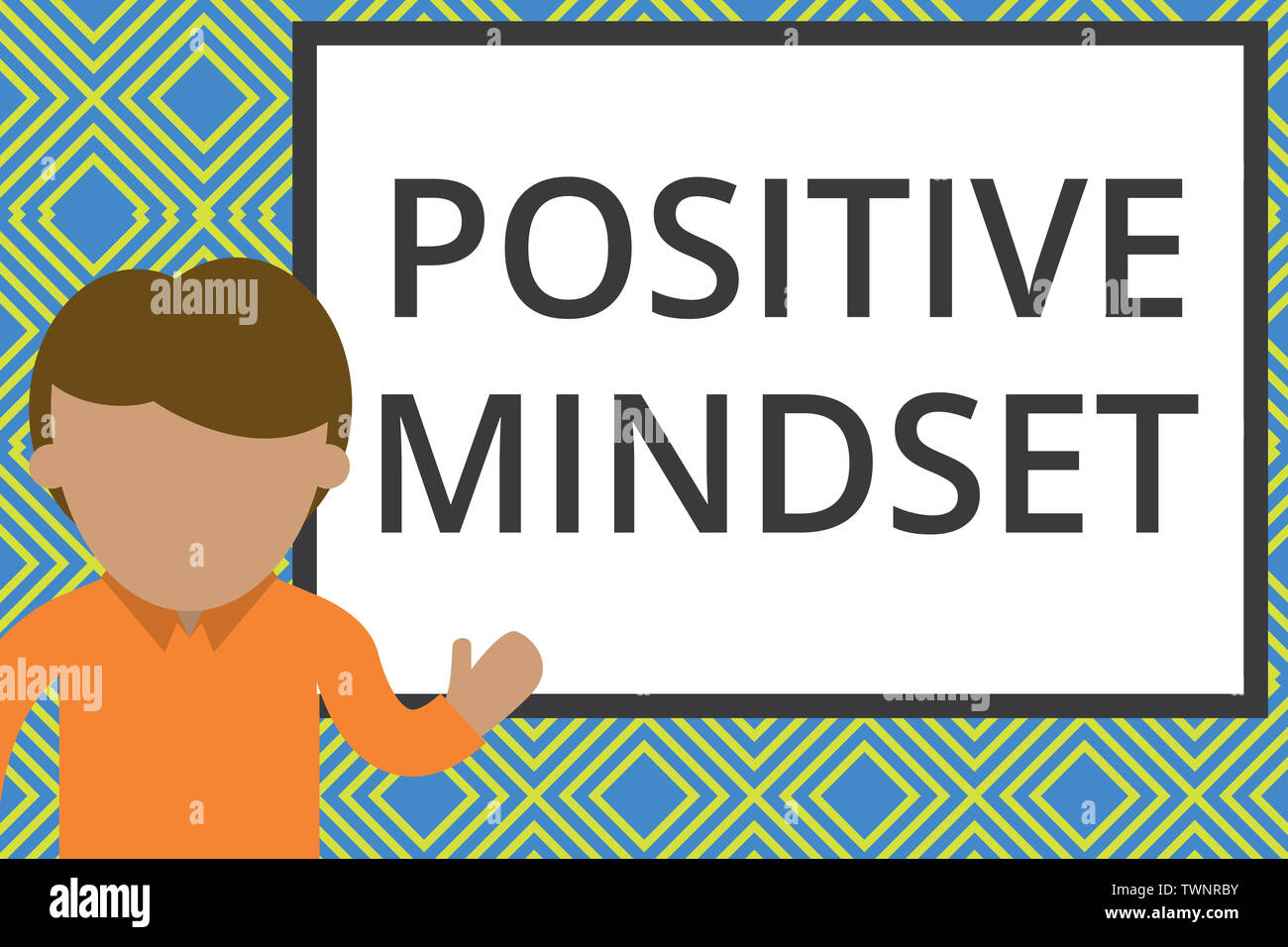 Conceptual hand writing showing Positive Mindset. Concept meaning mental attitude in wich you expect favorable results Man standing front whiteboard p Stock Photo