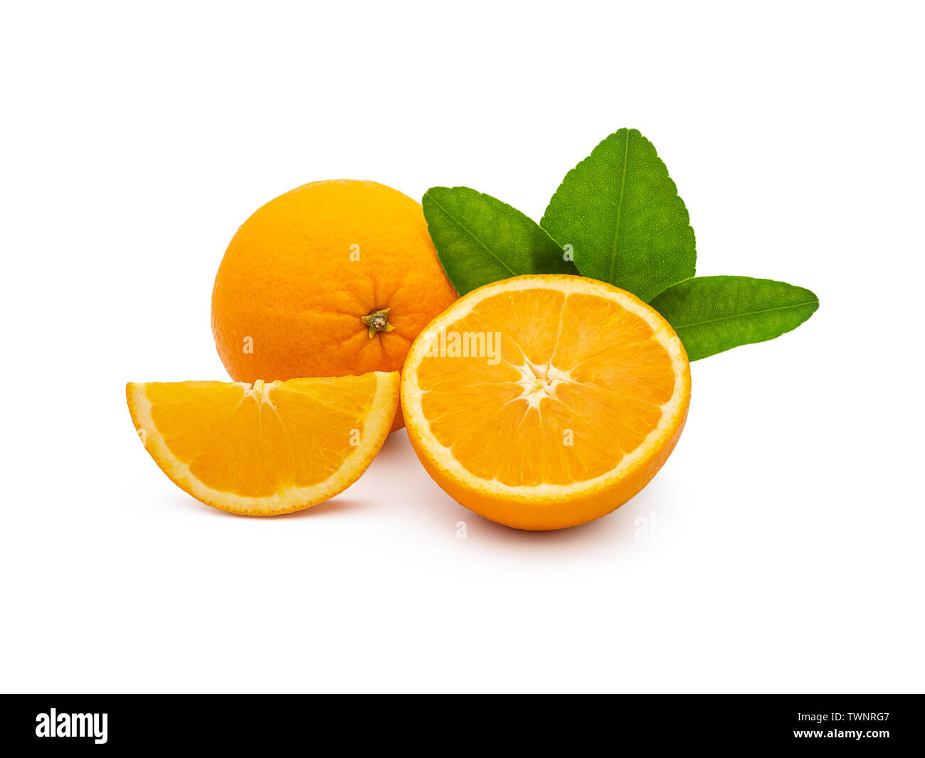 a group of fresh orange fruits with green leaves, isolated on white background with clipping path. fruit product display or montage, studio shot Stock Photo