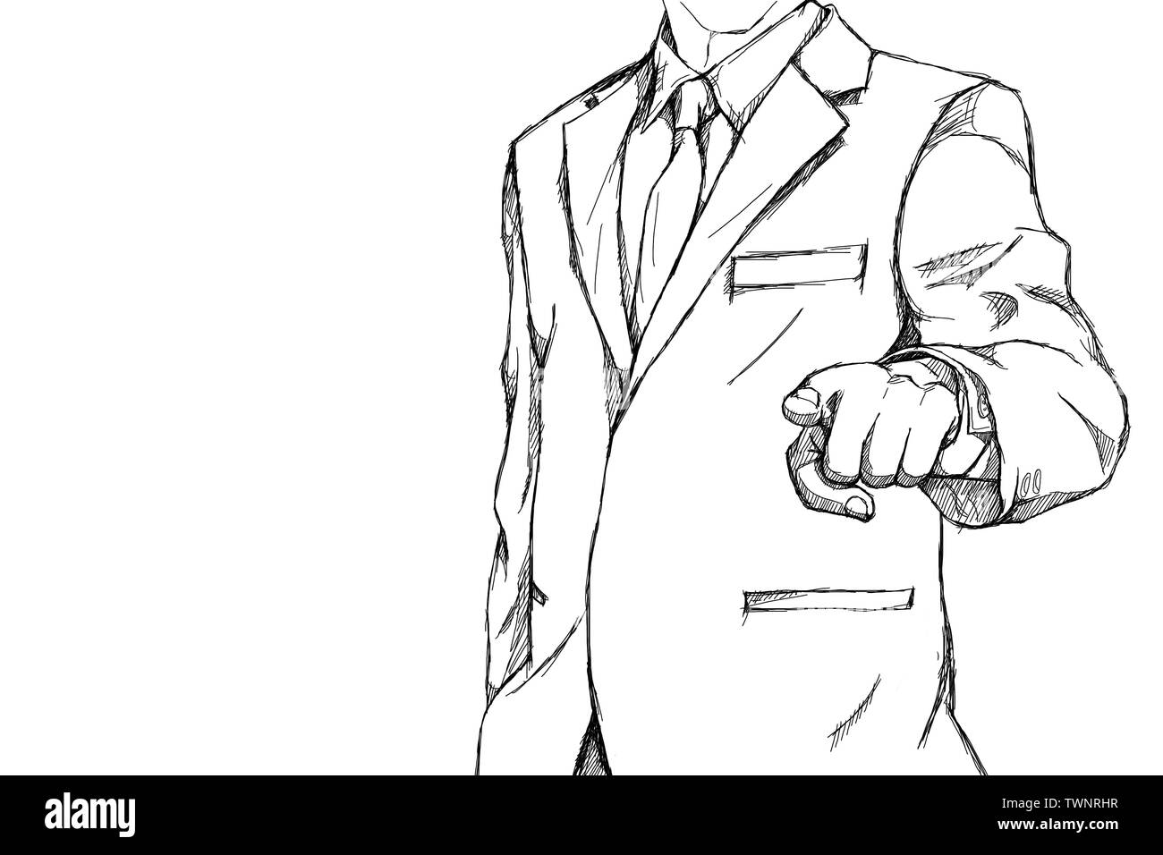 drawing sketch simple line of business man with raise hand and pointing finger forward action for commitment to business goals meaning for business Stock Photo