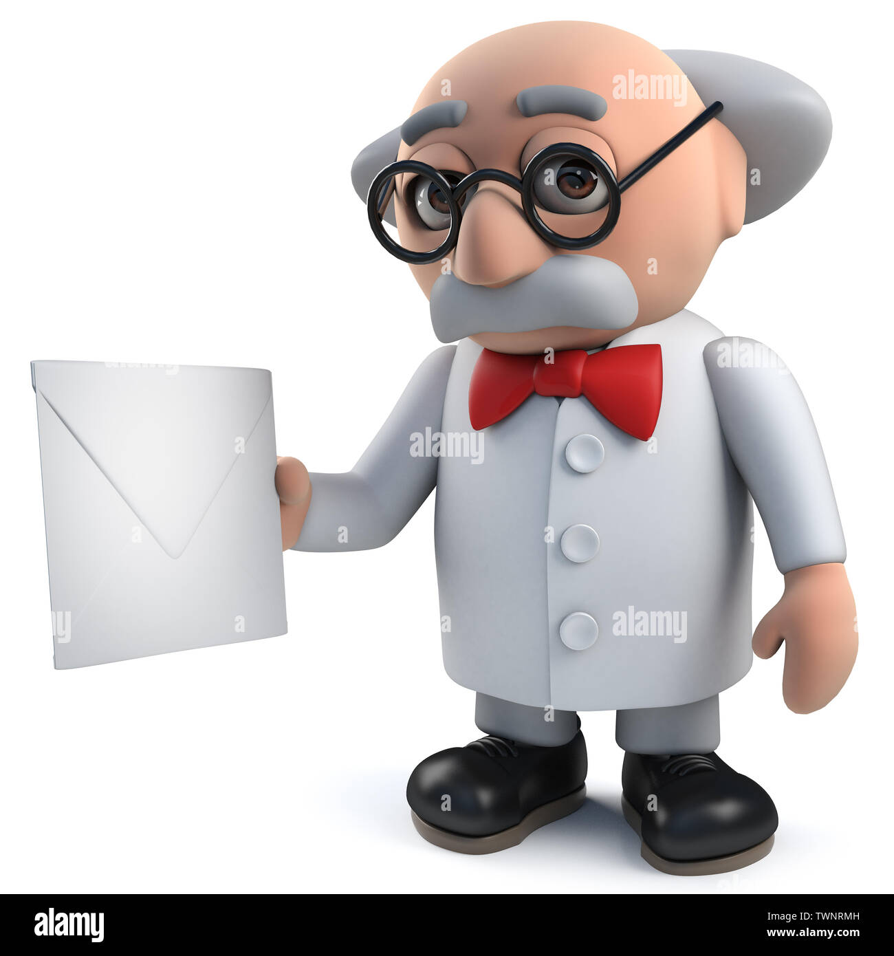 Render of a mad scientist in 3d holding an envelope Stock Photo