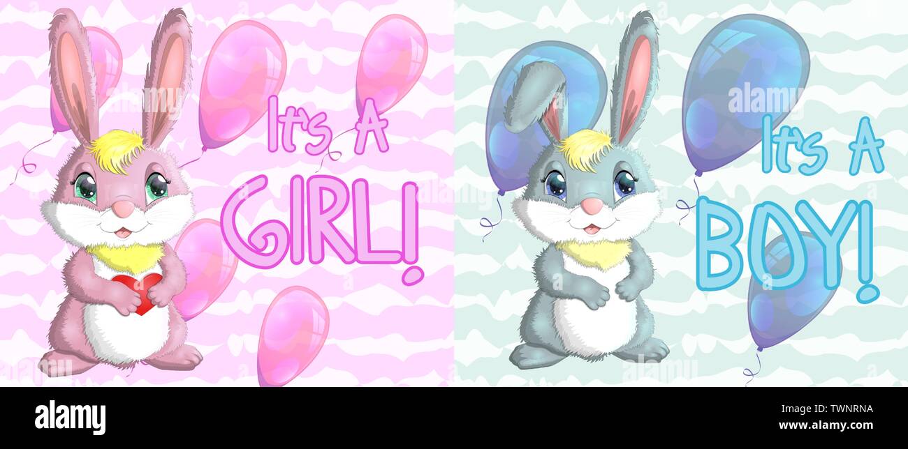 Baby Shower greeting card with babies bunny boy and girl Stock Vector ...