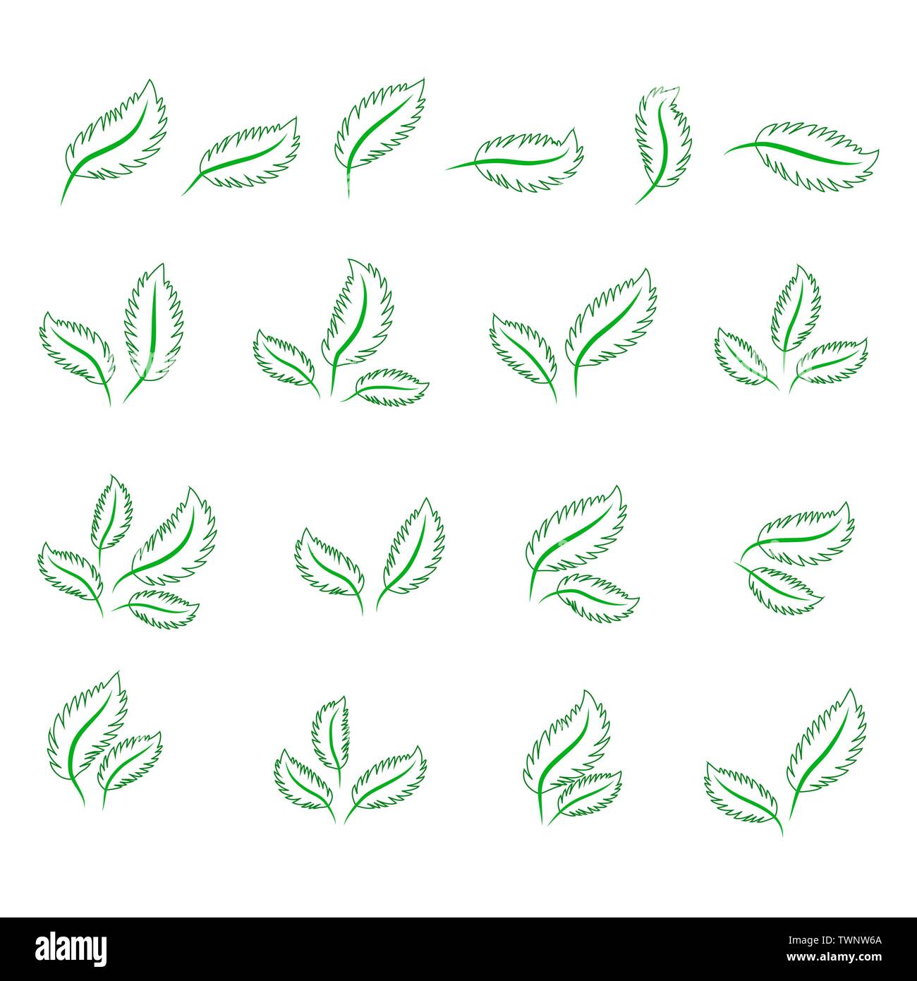 set of isolated green leaves icons on white background Stock Vector ...