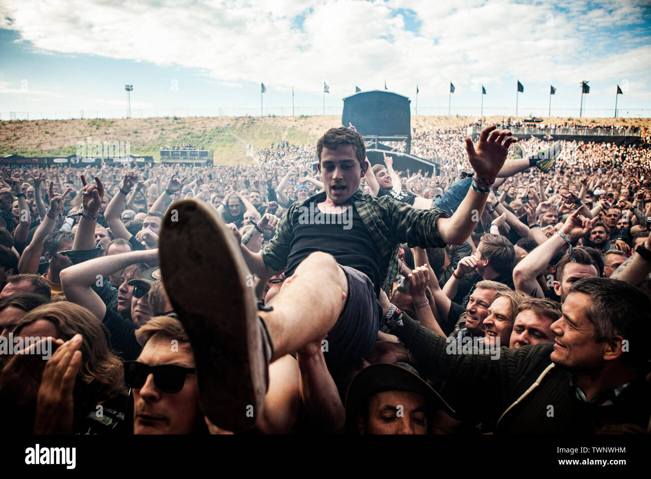 Copenhagen, Denmark. 21st June, 2019. Copenhagen, Denmark - June 21st,  2019. Heavy metal fans crowd surf at a live concert with the Danish death  metal band Baest during the Danish heavy metal