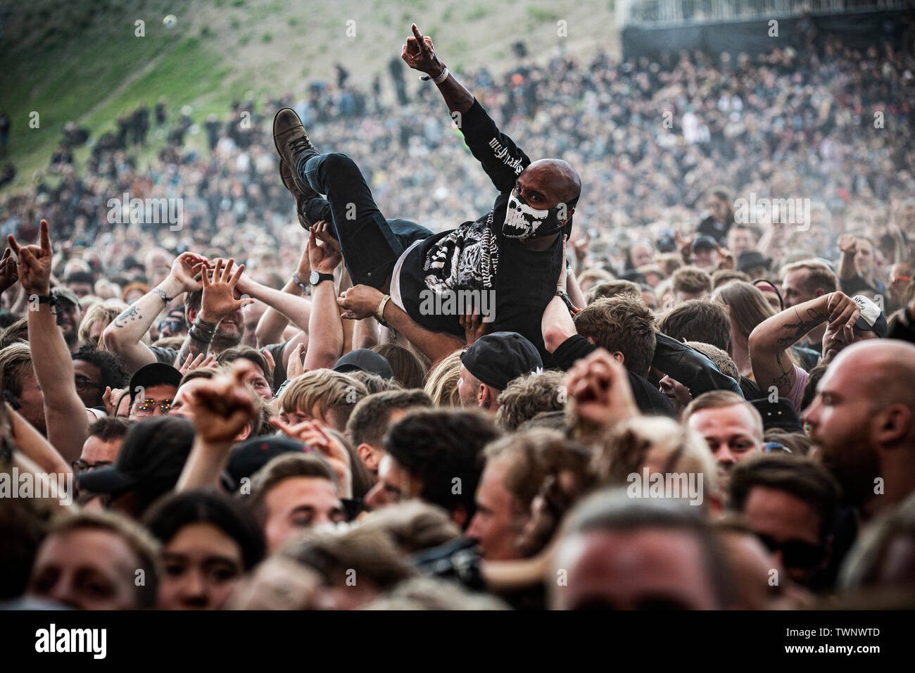 Copenhagen, Denmark. 21st June, 2019. Copenhagen, Denmark - June 21st,  2019. Heavy metal fans crowd surf at a live concert with the the American heavy  metal band Lamb of God during the