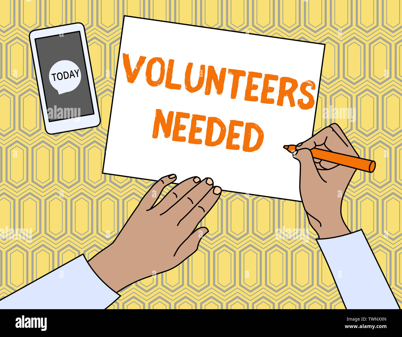 Text sign showing Volunteers Needed. Business photo showcasing need work or  help for organization without being paid Top View Man Writing Blank Paper  Stock Photo - Alamy, image size:1300x1090