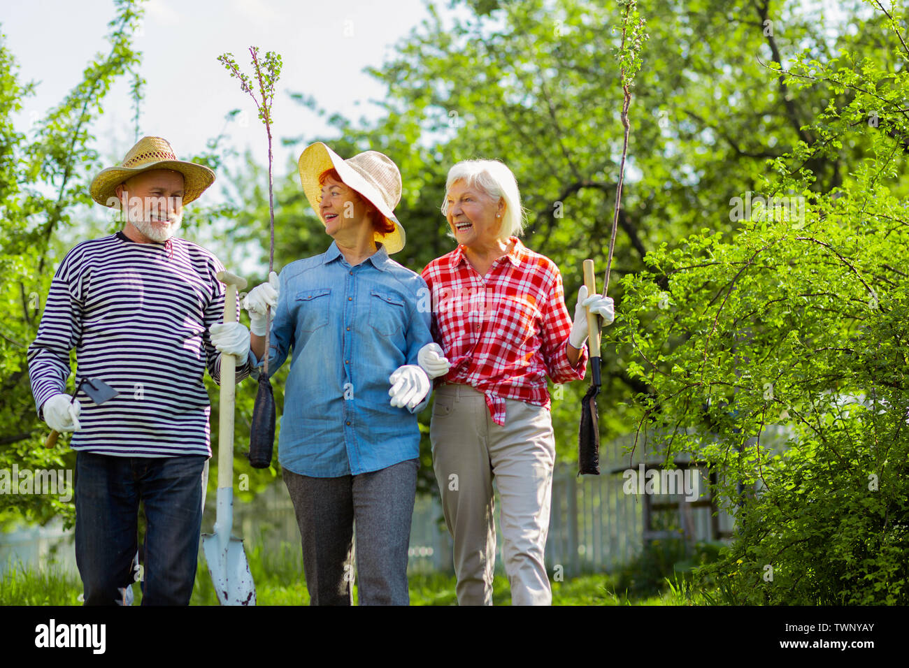 Walking to garden. Two retired women and one man walking to the garden to plant trees together Stock Photo