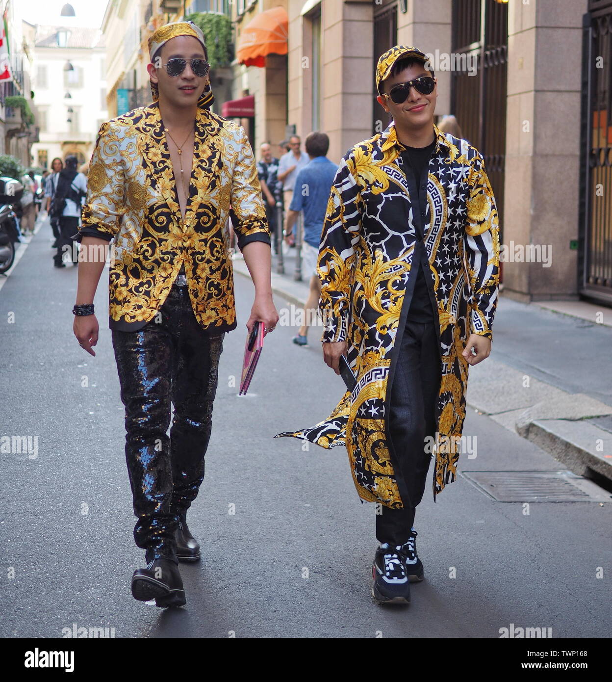 MILANO, Italy: 15 June 2019: Fashion bloggers street style outfits before Versace  fashion show during Milano Fashion Week man 2019/2020 Stock Photo - Alamy