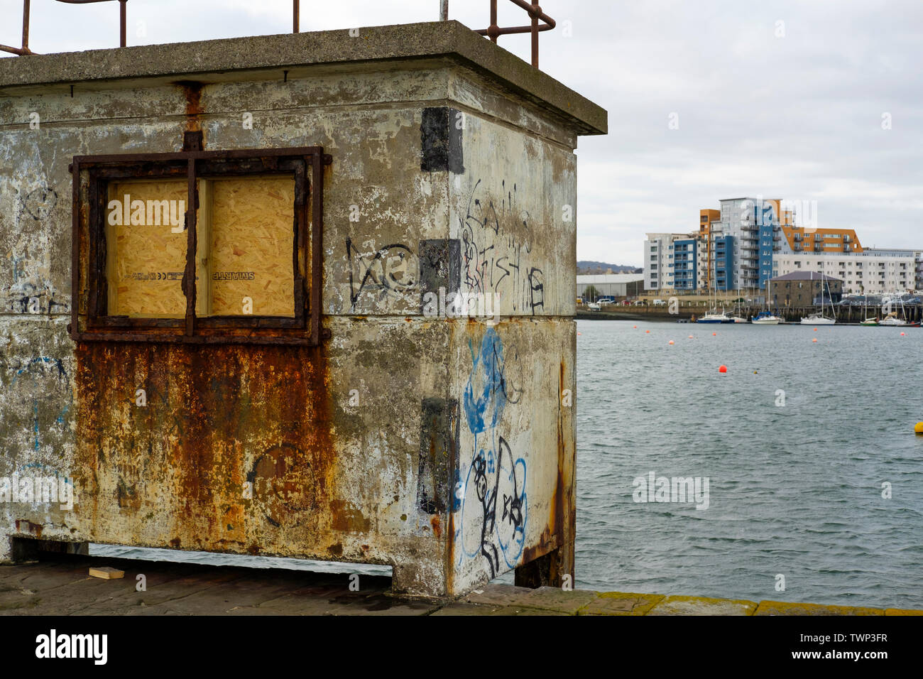 On of the three Granton Harbour Huts in Edinburgh Scotland, used as swimmers changing rooms