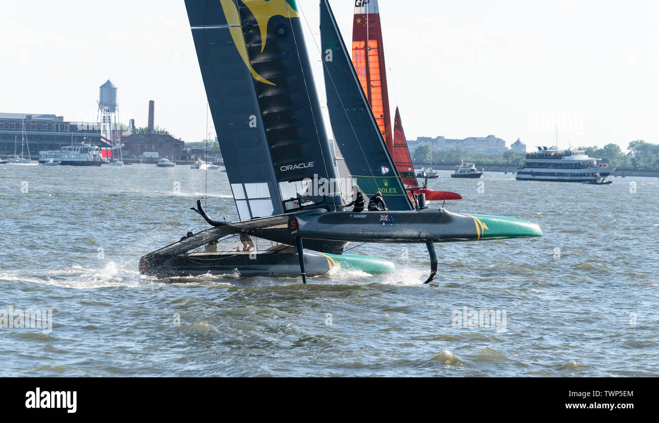New York, United States. 21st June, 2019. SailGP Team Australia sails
