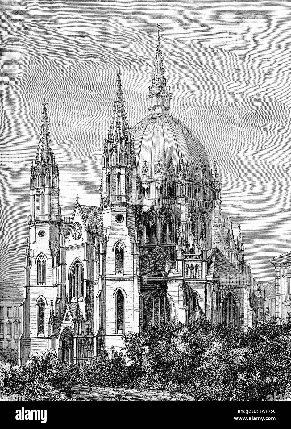 Maria vom Siege (Mary of the Victory) catholic Church in Vienna is a dark brick building with a very large central cupola and two smaller towers designed by Friedrich Schmidt in Neo-Gothic style and built in the years 1868 - 1875 Stock Photo