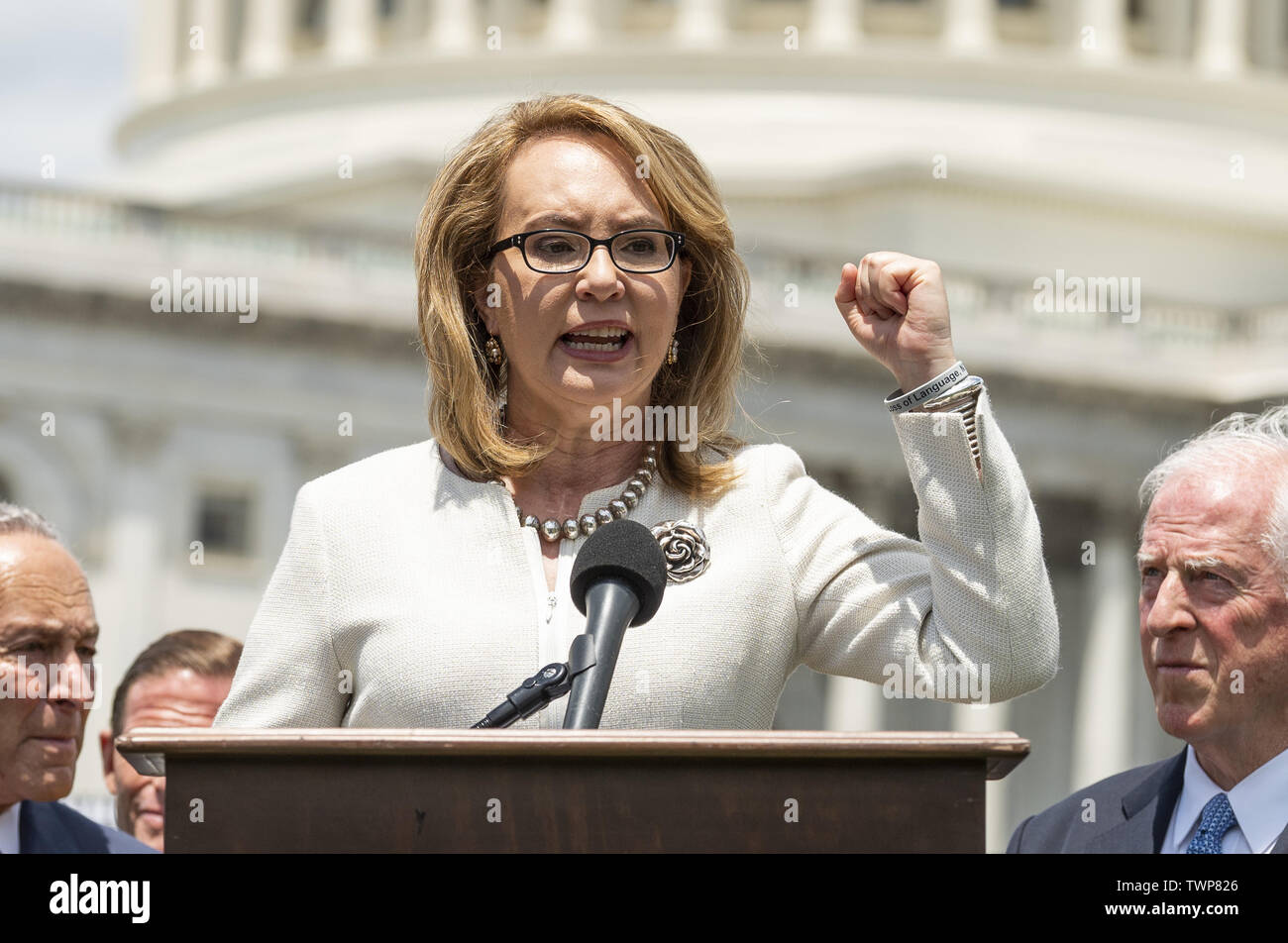 June 20, 2019, Washington, District of Columbia, U.S.: Former U.S. Representative and shooting survivor GABBY GIFFORDS (D-AZ) speaking at an event in front of the Capitol to urge the passage of H.R. 8 universal (gun ownership) background checks legislation. Event held on the grass on the eastern side of the U.S. Capitol. Credit: Michael Brochstein/ZUMA Wire/Alamy Live News Stock Photo